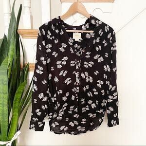 Maeve by Anthropologie Black & White Floral Print Emory Bow Blouse Size 2